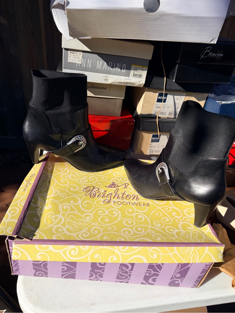 Vintage Brighton Black Leather Ankle Booties with Silver Buckle
